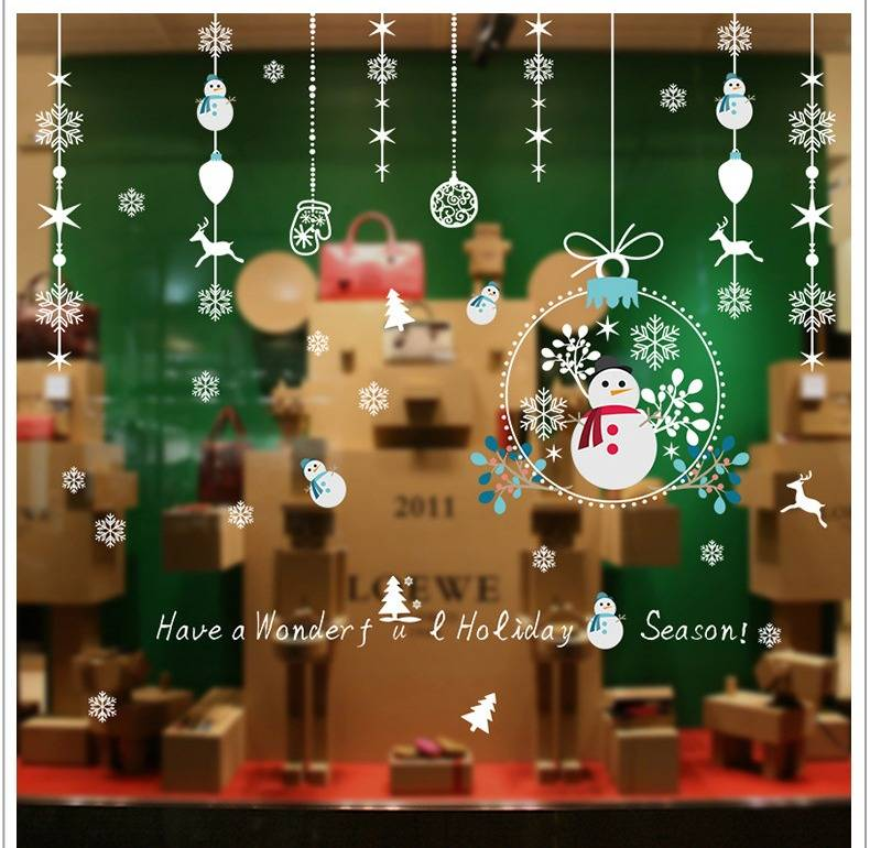 XL868 Calcomanías navideñas de muñeco de nieve para pared - Pegatinas festivas de PVC para ventanas, puertas y decoración del hogar (60 x 90 cm, blanco)_voghion.com