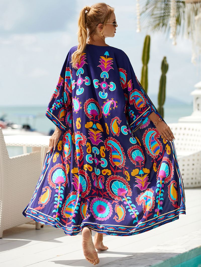 Women's Beach cover-up rayon positioning printed cardigan holiday sun protection shirt _voghion.com