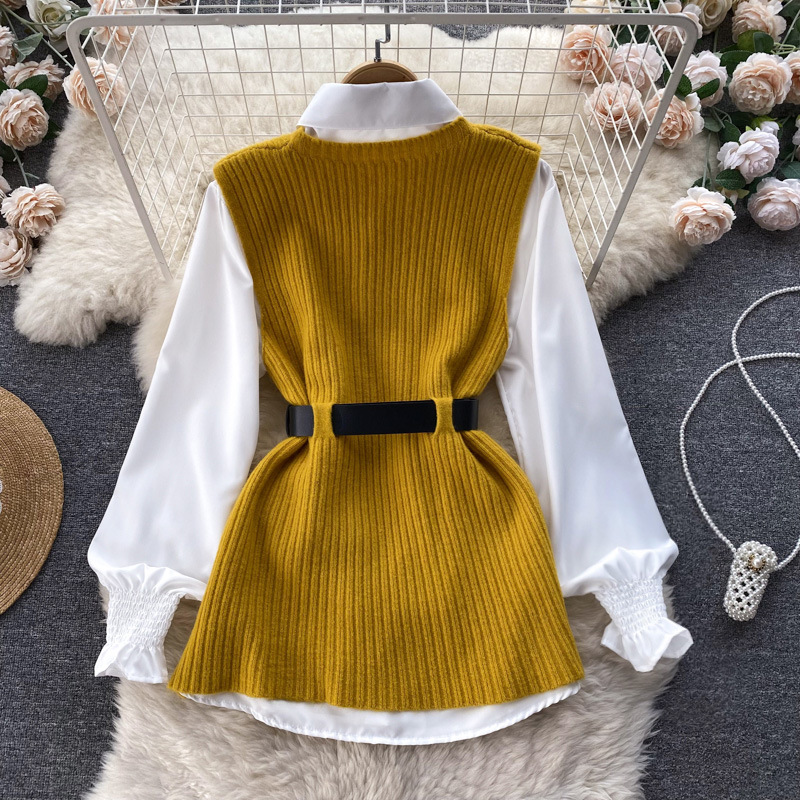 Set de două piese pentru femei, cămașă albă cu mâneci lungi și vestă din tricot despicat_voghion.com
