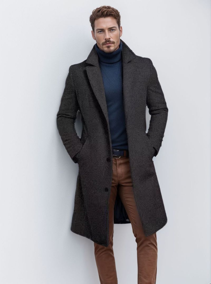 Men's Classic Wool Blend Trench Coat - Slim Fit Long Overcoat With Notch Lapel, Side Pockets (Charcoal Grey/Khaki/Black/Navy)_voghion.com