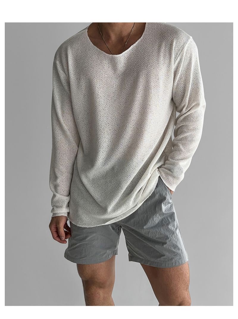 Lightweight Breathable Sunscreen Long Sleeved Knitted T Shirt Men's Summer American Style Casual Loose T Shirt_voghion.com