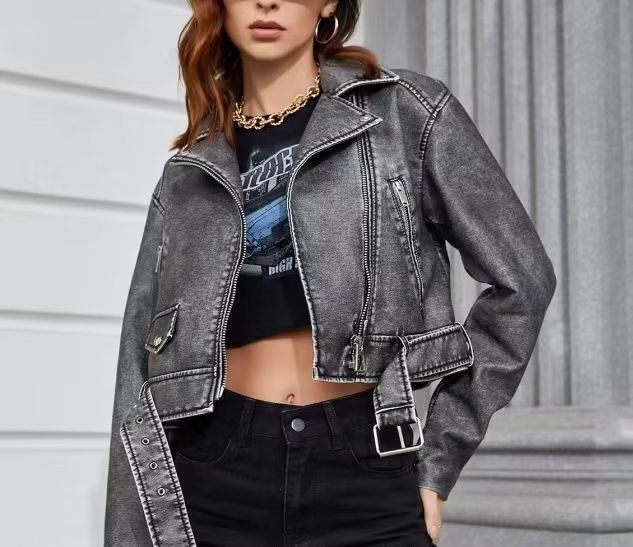 Giacca in similpelle vintage da donna – Cappotto oversize in PU con effetto slavato, stile biker streetwear con cerniera (grigio/verde militare/nero, S-L)_voghion.com