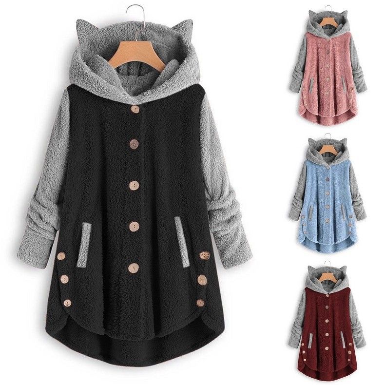 Women's Clothing Autumn And Winter Button Hooded Cat Ear Plush Top Irregular Trendy Brand Color Matching Jacket For Women_voghion.com