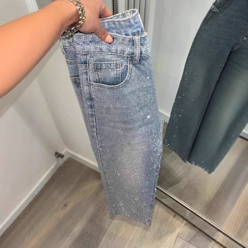 Women's High-waisted Washed Denim Jeans With Sparkling Rhinestones And Diamond Stars, Loose Fit, Slim Fit, Versatile Straight Leg Pants_voghion.com