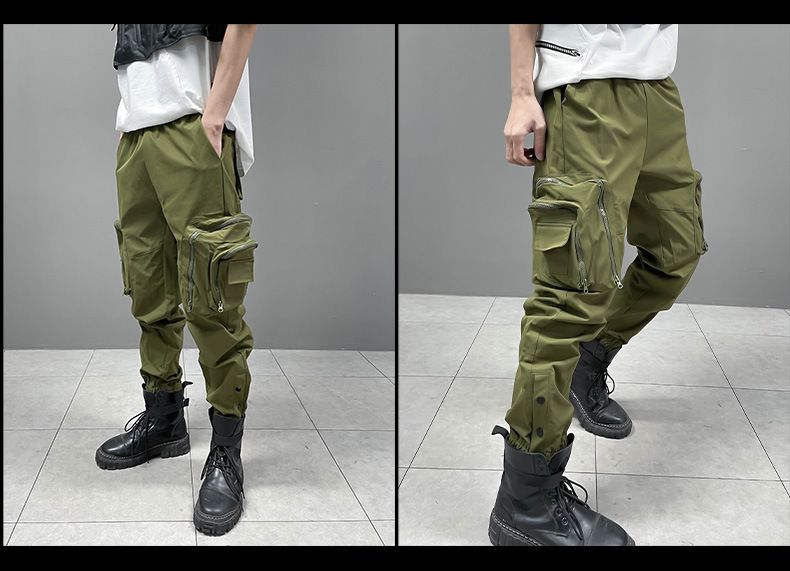 Pantaloni tattici da paracadutista in stile scuro da uomo - Pantaloni cargo slim fit con tasche con cerniera e design funzionale (nero, verde militare)_voghion.com