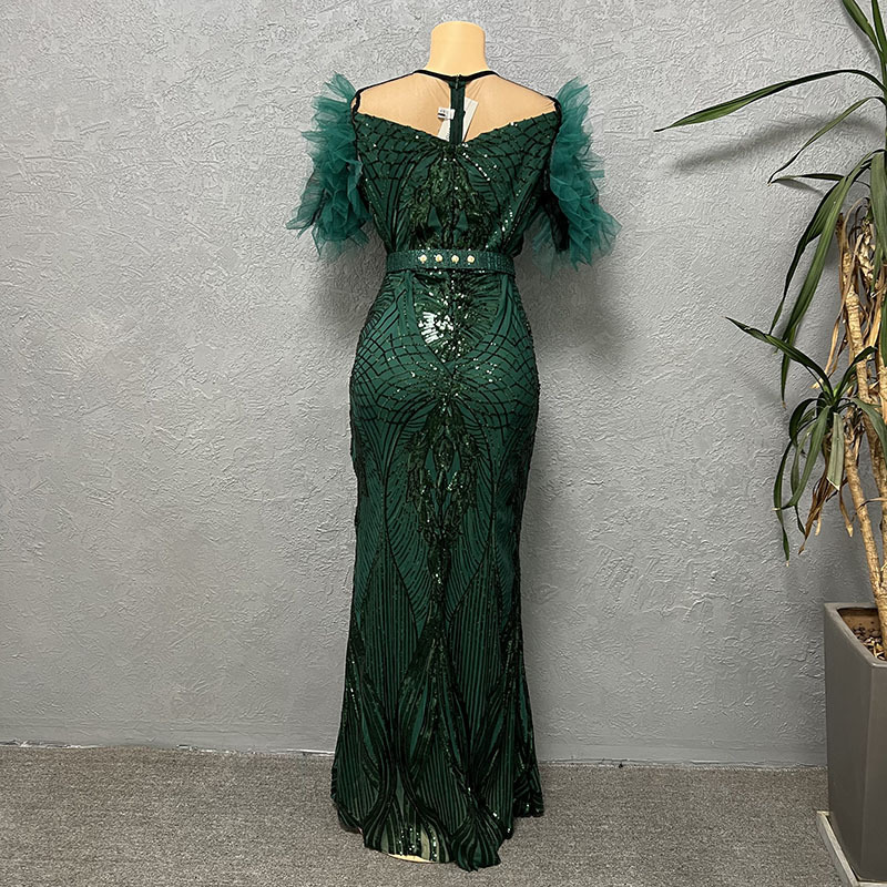Paillettenkleid für Damen, schmal geschnittener Fischschwanz-Langrock, Bubble-Mesh-Ärmel, modische Abendgarderobe_voghion.com