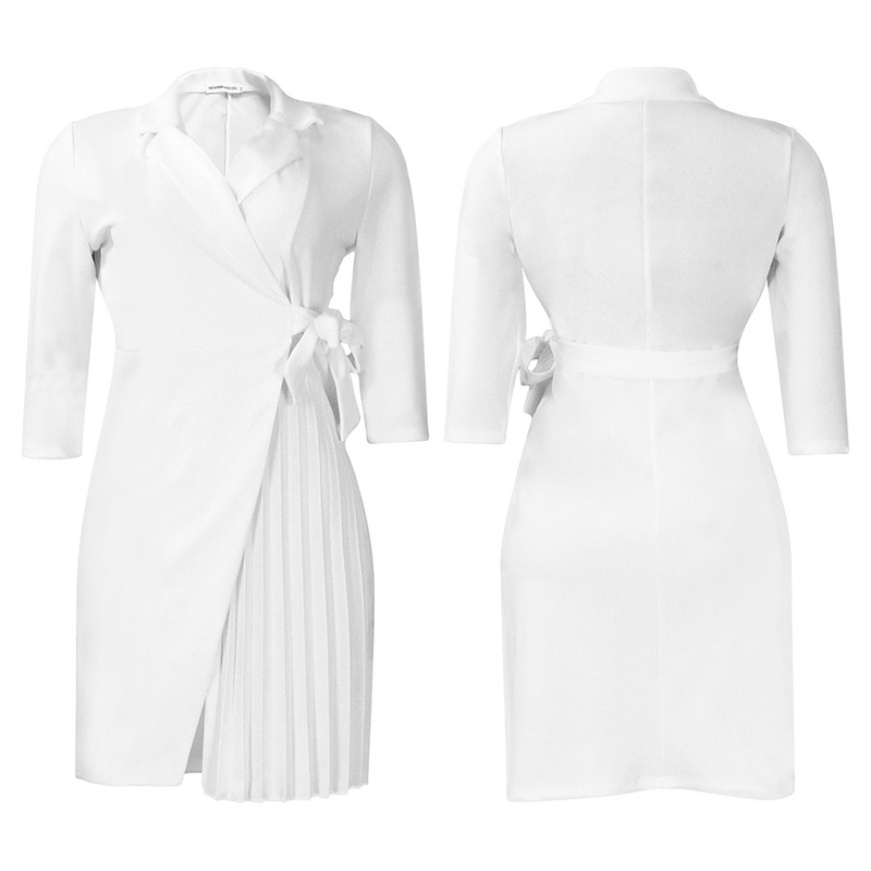 Damen Große Größen Damenbekleidung Mode Anzug Kragen Mode Gürtel Taille Plissee Kleid_voghion.com