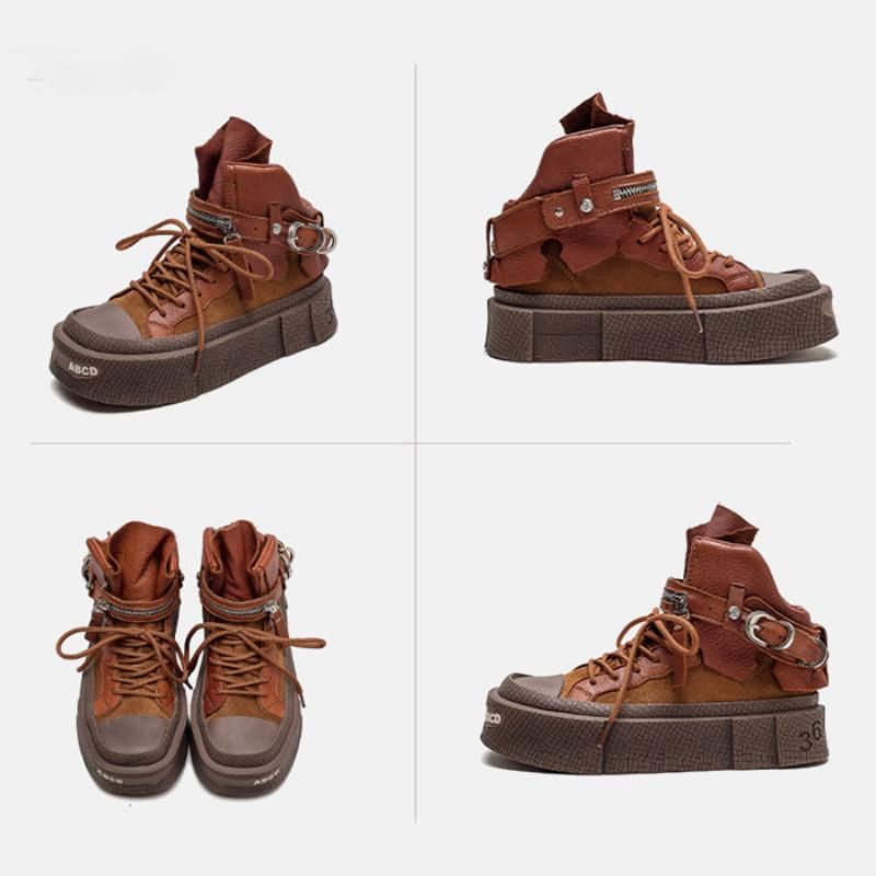 Johnature Retro Echt Lieder Kuerz Stiwwelen Damen Villsäiteg Déck Sohle Schnür-Flaach Plattform Schong_voghion.com