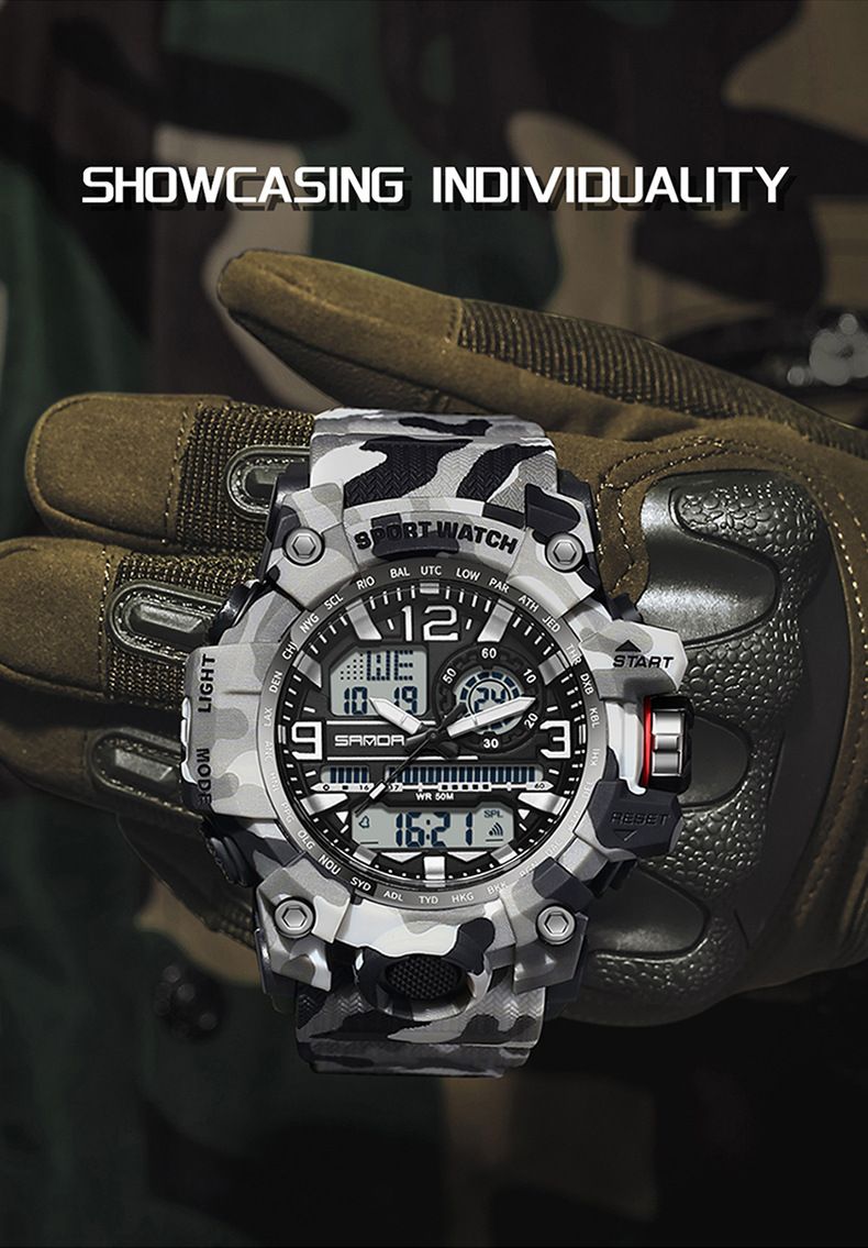 Orologio sportivo digitale mimetico robusto con doppio display, sveglia, cronometro e resistenza all'acqua fino a 50 m per uomo, orologio sportivo elettronico impermeabile_voghion.com
