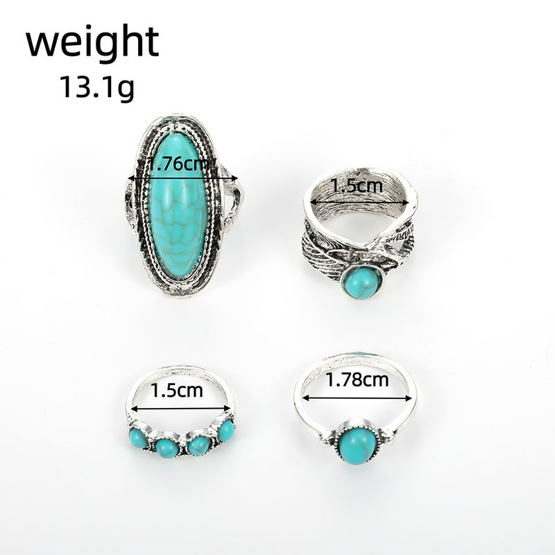 New Combination Bohemian Feather Large Turquoise 4-Piece Set Ring_voghion.com