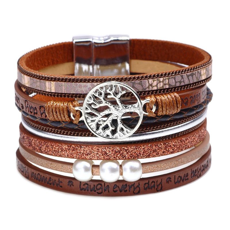 Women's Fashion Temperament Stacked Bracelet Bohemian Tree Bracelet Light Luxury Micro Diamond Magnetic Buckle Bracelet PU Leather Bracelet_voghion.com