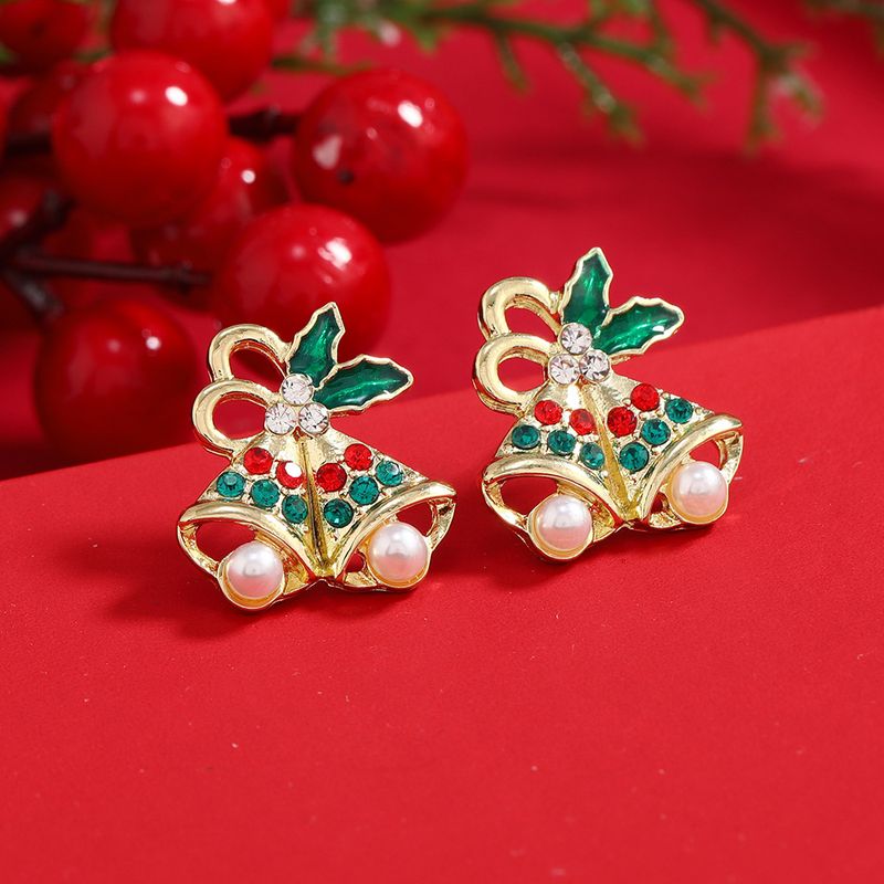 Boucles d'oreilles de Noël en alliage de diamant et de perle, boucles d'oreilles en forme de cloche, de flocon de neige, d'élan, à clous d'oreilles pour femmes, vente à chaud transfrontalière_voghion.com