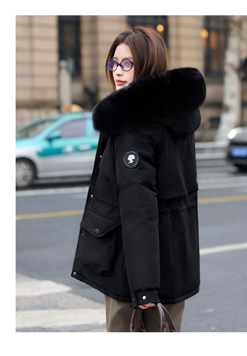 Damen Steppjacke mit Kunstfellkapuze, Hüftgurt, großen Taschen - Wintermantel für Damen, kurze Pufferjacke, warme Oberbekleidung_voghion.com