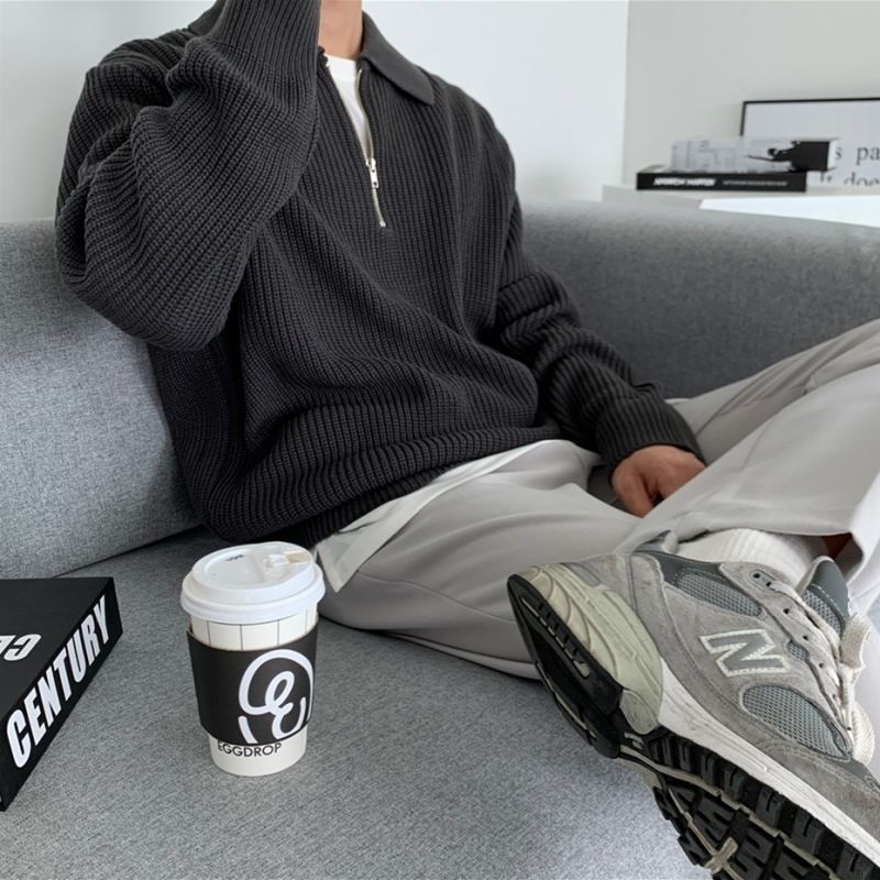 Men's Clothing Autumn half zipper sweater men's autumn and winter retro high-grade lazy style lapel sweater loose casual_voghion.com