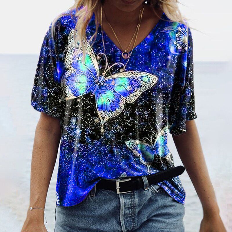 2021 New Spring/Summer Short Sleeve Butterfly Print T-Shirt Women's Fashion_voghion.com