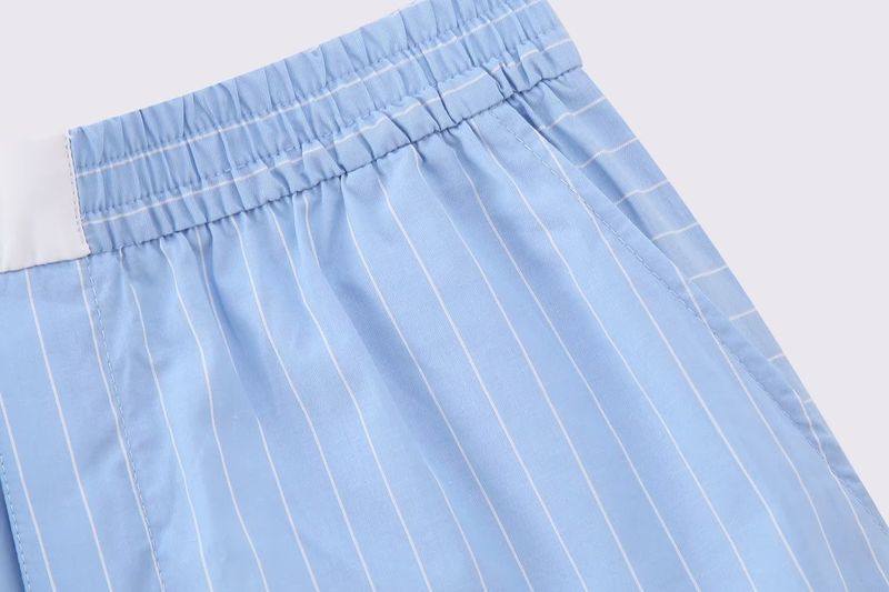 Women's clothing New Women's Striped Contrast Color Shirt Top + Elastic High Waist Shorts Two-piece Set 8BS9697_voghion.com