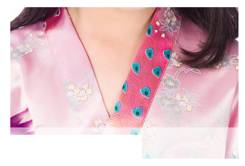 Women's clothing girl printed peacock peony long nightgown bathrobe summer thin imitation silk children's home cardigan robe_voghion.com