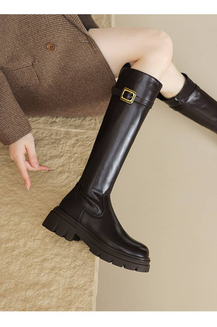 Cameido Women's high thick-soled long boots with fleece lining and belt buckles, knight boots that don't go over the knees._voghion.com