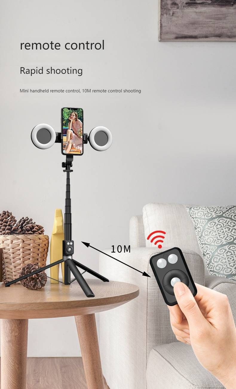 Bluetooth Selfie Stick Tripod With LED Fill Light, 1.7M Extendable Phone Holder For TikTok/YouTube, Anti-Shake & 360° Rotation (Black/Pink)_voghion.com