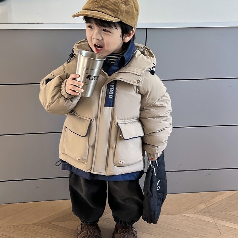 Boys' Short Puffer Jacket – 50% White Duck Down Winter Coat (100-140cm) – Trendy Hooded Outerwear For Kids (Black/Khaki)_voghion.com