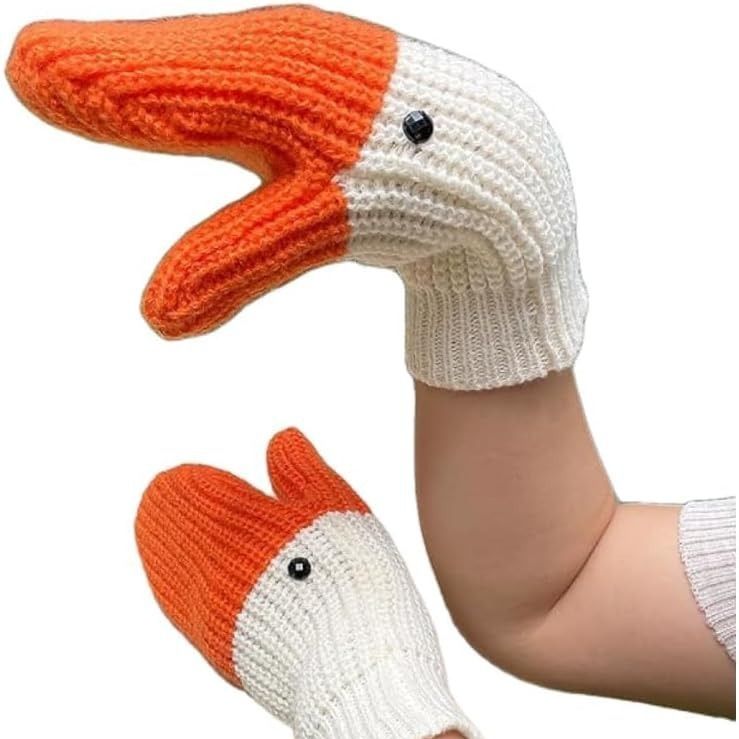 2024 Winter Cold-Proof Warm Cute Funny Long And Short Three-Dimensional Swan Knitted Wool Gloves With Animal Elements_voghion.com