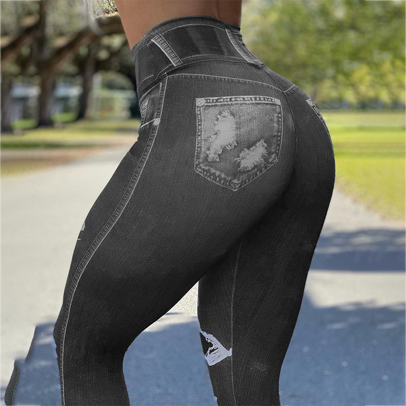 Leggings imitation denim taille haute extensible pour femmes, pantalon de yoga, de sport, de fitness, grande taille_voghion.com