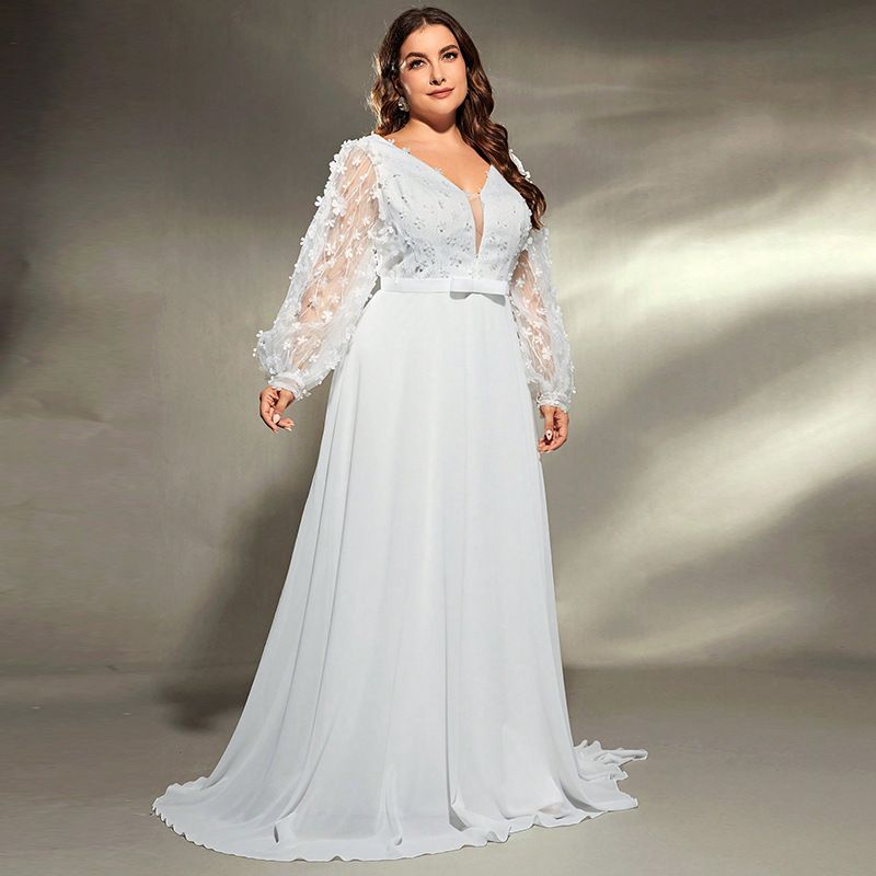 Elegantes Abendkleid mit V-Ausschnitt und langen Ärmeln für Damen – Abendkleid in Übergröße für Hochzeit, Bankett und Party_voghion.com