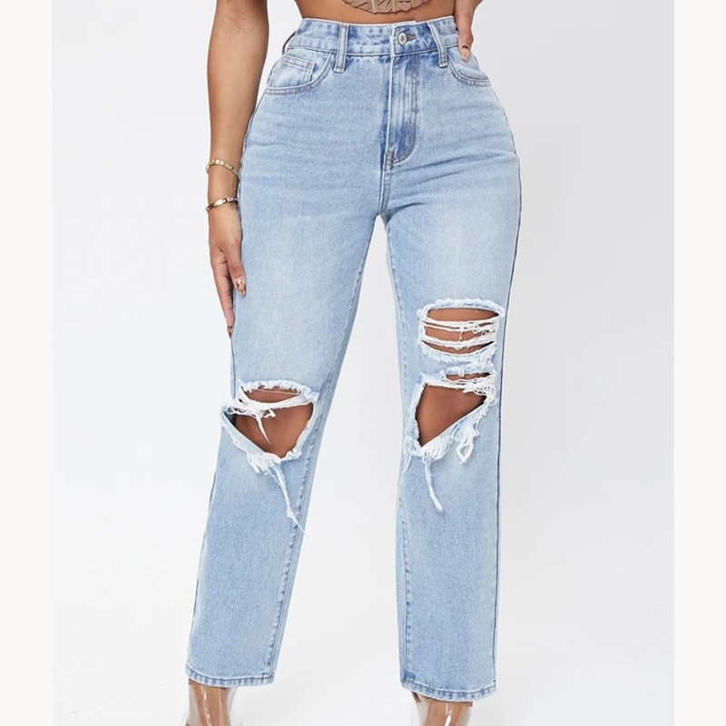 Damkläder heta jeans för kvinnor slitna tvättade högmidjade lösa byxor med vida ben_voghion.com