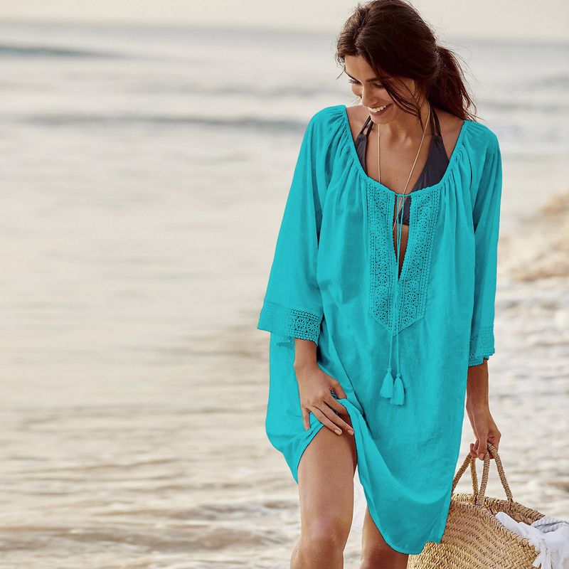 Strandüberzug aus Baumwolle – fließende Loungewear für Damen, luftiger Sommerkimono mit Spitzenbesatz, Badeüberzug für Pool und Urlaub_voghion.com