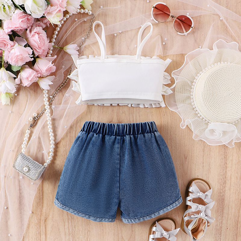 Moeder Kinderen Kleine Sling Kralen Denim Gescheurde Shorts Klein Kinderpakje_voghion.com