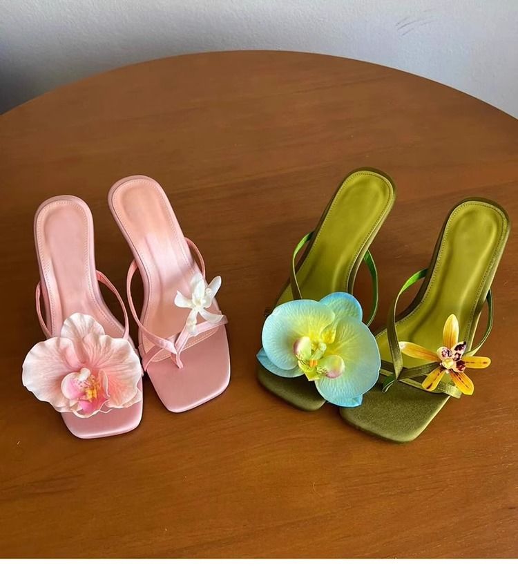 Women's Handmade Floral Sandals - Asymmetric Toe-Post Heels With Satin Straps, Elegant Thong Slides For Women_voghion.com