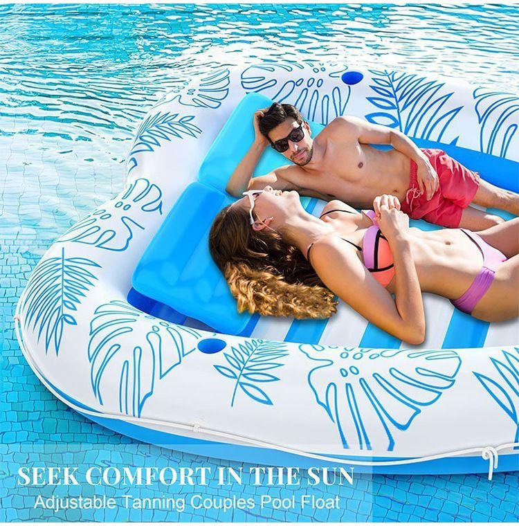 PVC Inflatable Pool Float For Two - Sunbathing Lounge With Headrest & Cup Holders (Leaf & Heart Design Heavy-Duty For Adults)_voghion.com