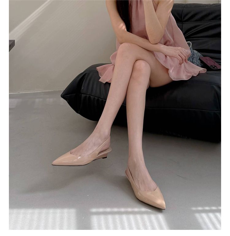 Lancui Nude Wedge Half Slippers For Women Summer Outdoor Patent Leather Chunky Heel Closed Toe Sandals Slim Pointed High_voghion.com