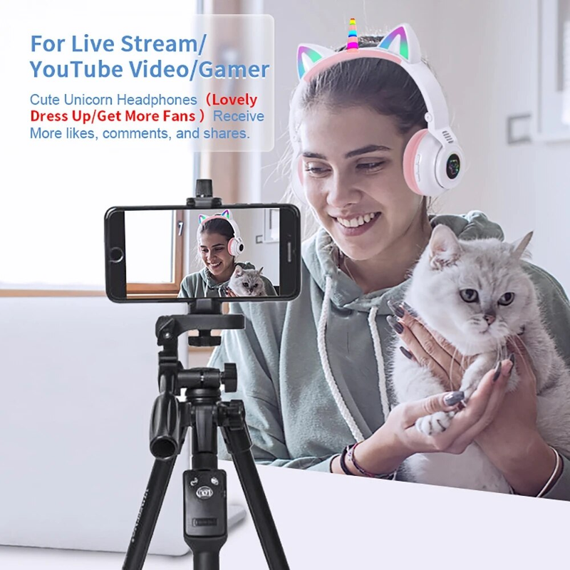 Cuffie wireless HiFi per ragazze con unicorno, microfono, stereo, bassi carini, musica per bambini, supporto per cuffie Bluetooth a forma di gatto_voghion.com