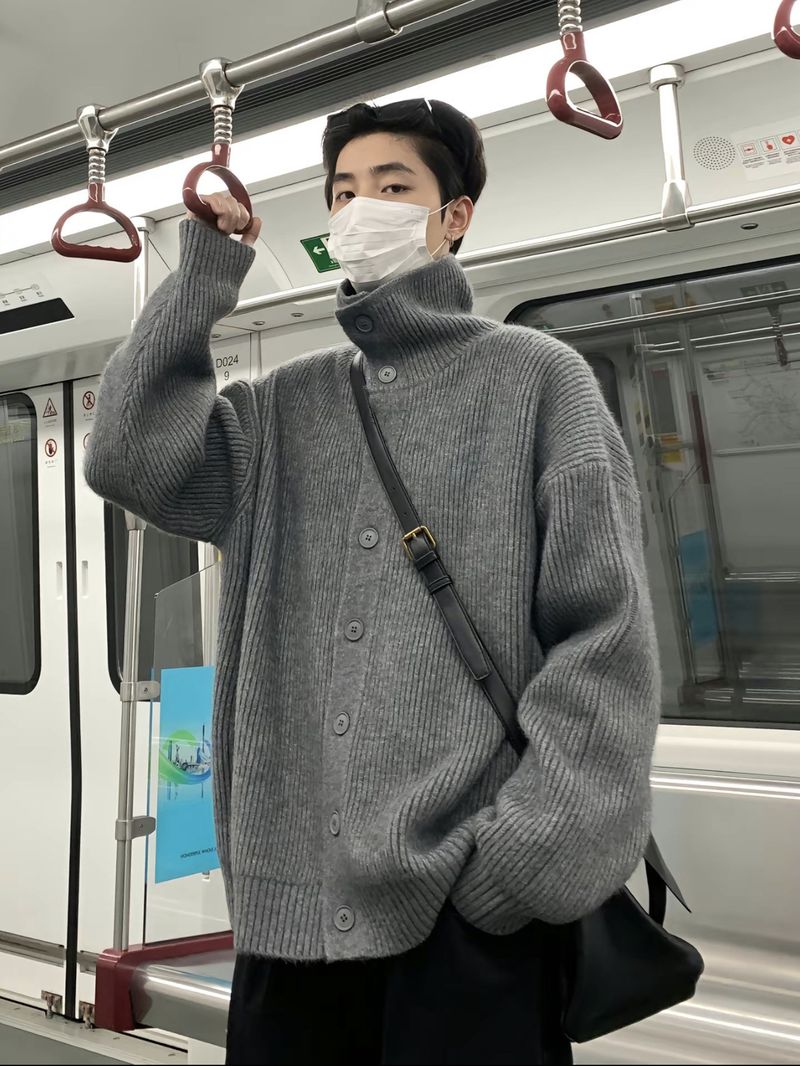Autumn And Winter Men's Korean Lazy Style Design Sense Loose Knitted Sweater Men's Fashion Versatile Turtleneck Button Cardigan Sweater_voghion.com