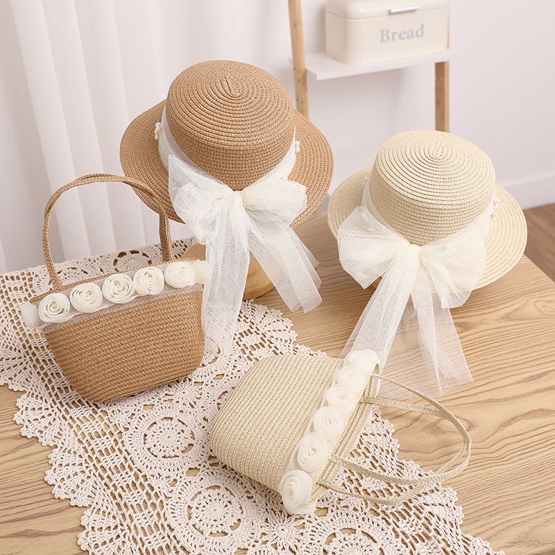 Kleine frische Kinderspitze Perlenband Strohtasche Sommer Neues Produkt Unsterblicher Qi Eltern-Kind-Sonnenschirm Big Eaf Flat_voghion.com