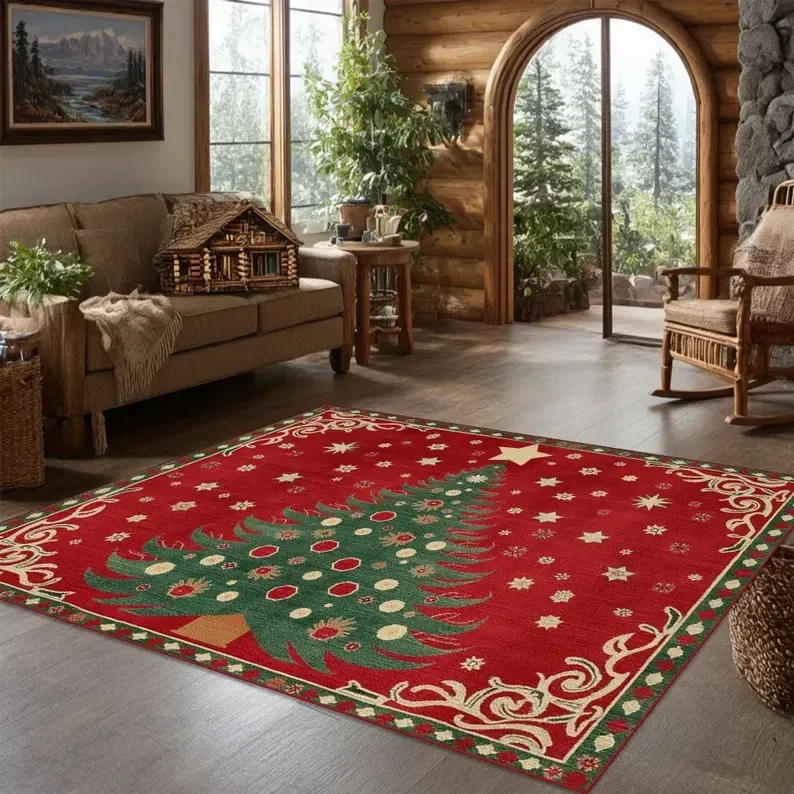 Vintage kerstkleed met slee van de Kerstman en rendieren, rood, feestelijk kerstkleed, kerstboomprint voor woonkamerdecoratie_voghion.com