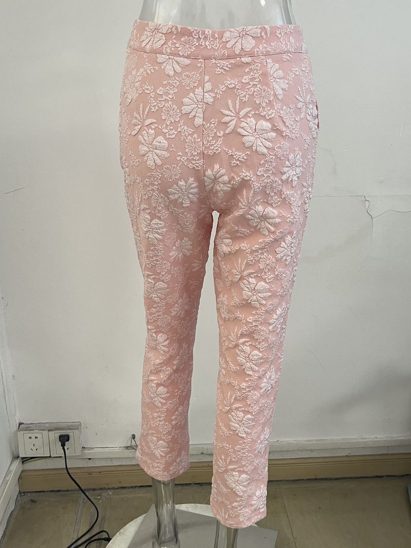 Pantaloni casual da donna a vita alta con tasche, modello dritto in jacquard floreale, per l'estate_voghion.com