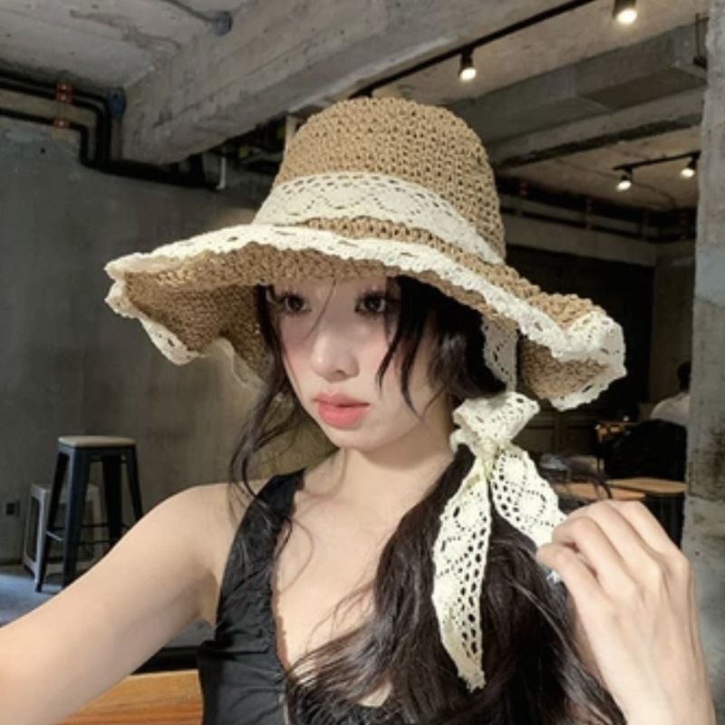 Cappello di paglia con doppio pizzo, per bambina, con protezione UV, per foto da spiaggia, estivo, in paglia_voghion.com