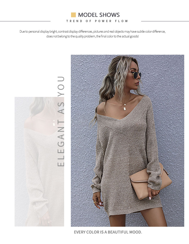 V-neck Long-sleeved Sweater Mid-length Lazy Home Sweater Pullover_voghion.com