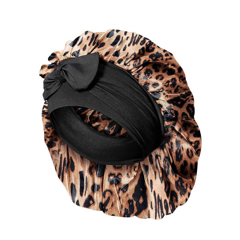 Leopard print ribbon satin sleeping cap with high elasticity and wide brim silk headscarf hat for beauty and hair care_voghion.com