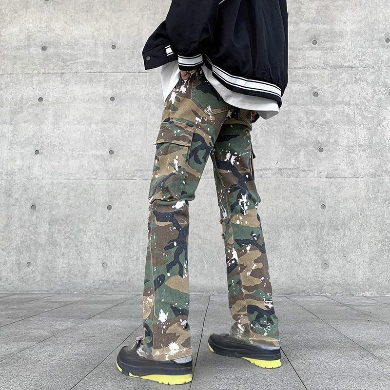 Herrenbekleidung High Street Ink Splash Camouflage Overalls mit mehreren Taschen Lockere gerade Beinpartie Weites Bein Zerrissene trendige Hip Hop Jeans_voghion.com