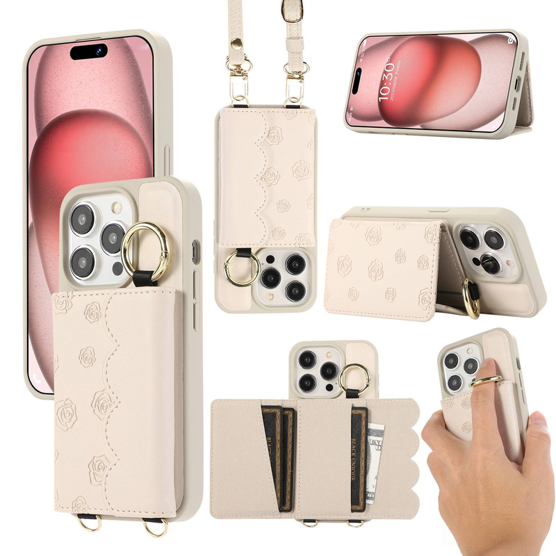 Custodia per telefono con slot per carte di credito e motivo a rosa per iPhone 15 Pro/14/13 - Custodia protettiva sottile in pelle PU con tracolla staccabile_voghion.com
