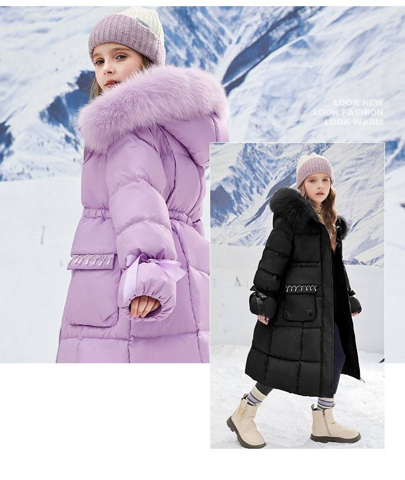 Girls' Winter Coat With Faux Fur Hood – Princess-Style Puffer Jacket (Black/Purple) – Warm Polyester Fill, Soft & Stylish (8-14 Years)_voghion.com