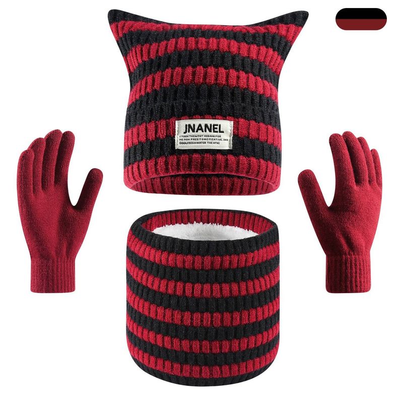 Ensemble bonnet, écharpe et gants en maille pour femme - Bonnet confortable à oreilles de chat en acrylique, accessoires doux et chauds pour temps froid. Ensemble trois pièces_voghion.com
