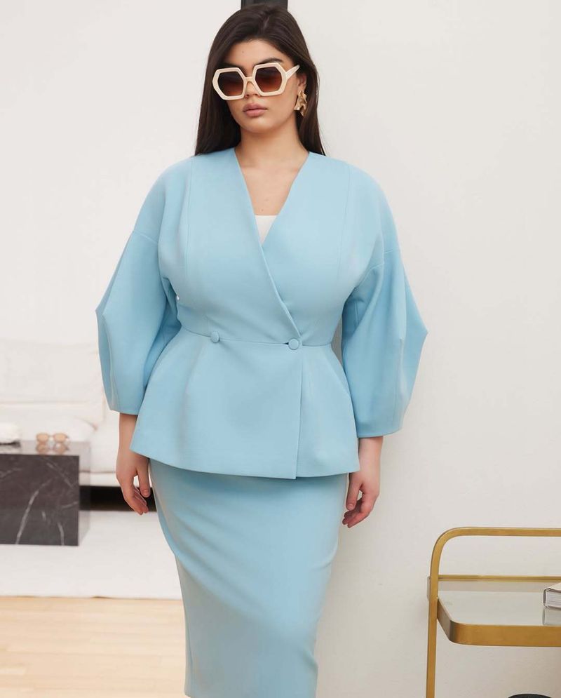 Ensemble élégant blazer et jupe pour femme, slim, col en V, manches longues lanternes, haut, jupe midi, 2 pièces, tenue de bureau chic_voghion.com