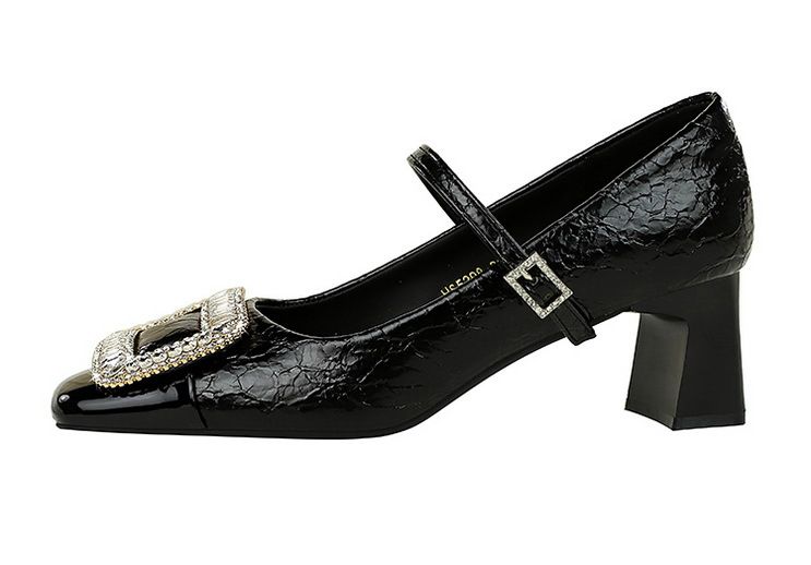 5298-K32 Scarpe da banchetto da donna con tacco medio grosso, punta quadrata, cinturino con fibbia in metallo con diamanti e bocca leggera, con blocchi di colore_voghion.com