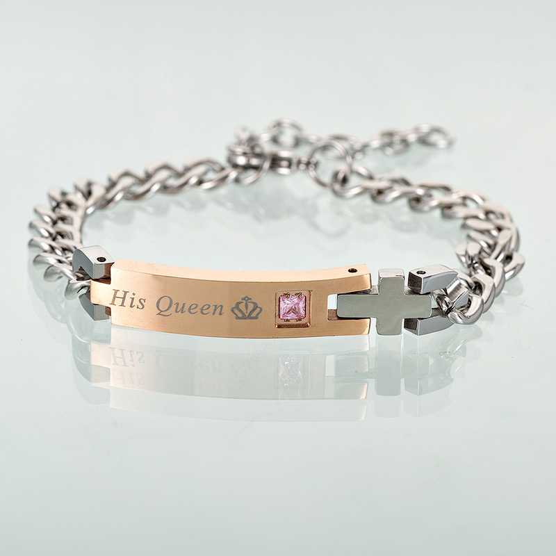 Pulsera de pareja de circonitas explosivas de acero y titanio Pulsera de corona REY REINA_voghion.com