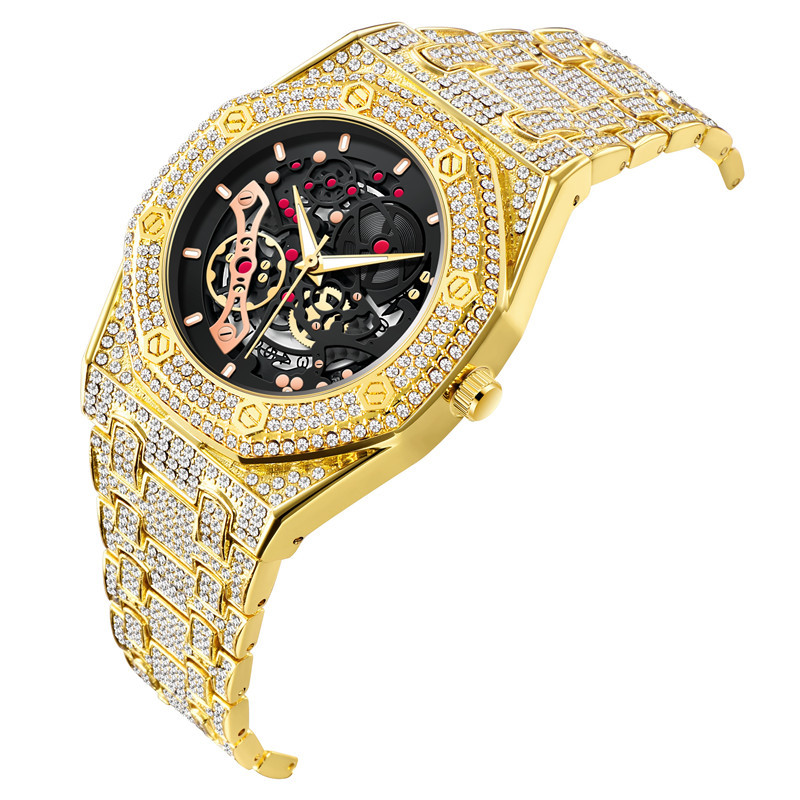 Relógio masculino de hip hop com detalhes em diamante - Pulseira de liga, função de calendário, movimento de quartzo - Acessório estiloso e moderno para homens_voghion.com