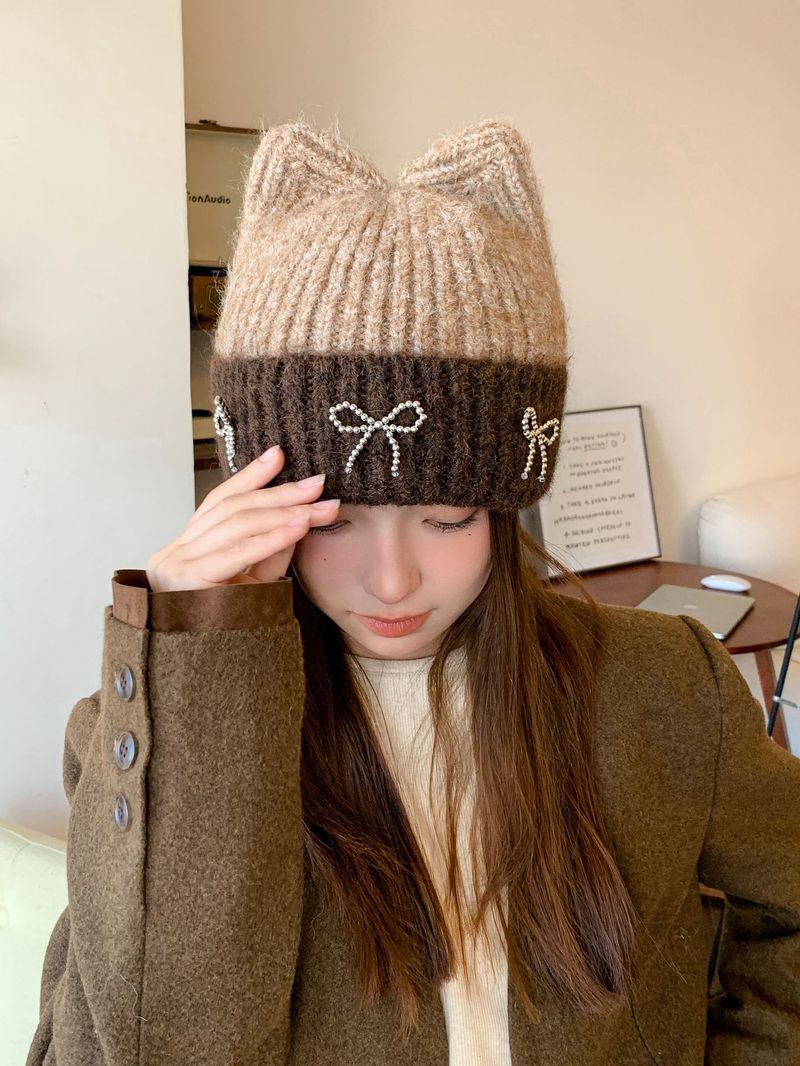 2024 New Autumn And Winter Wool For Women Cute Cat Ears Bowknot Warm Thickened Cold-proof Ear Protection Knitted Hat_voghion.com